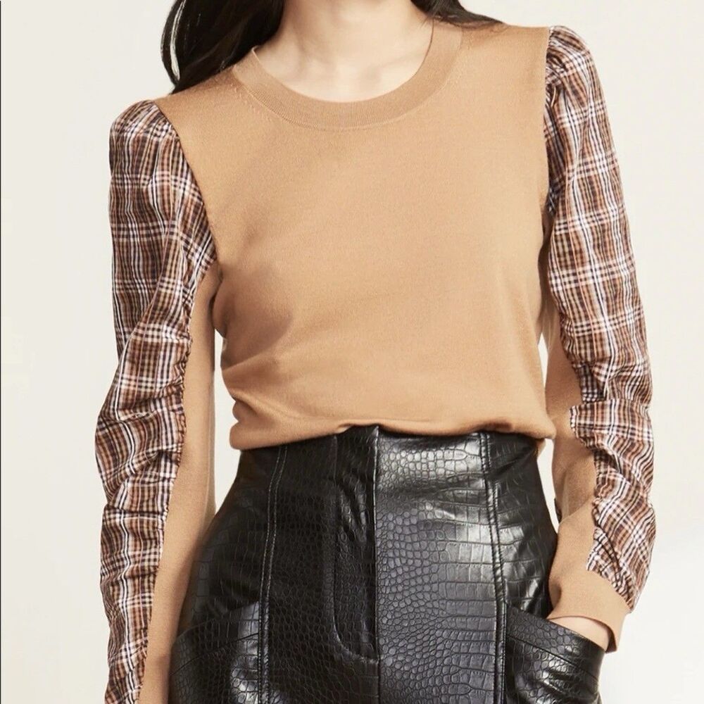 VERONICA BEARD Adler Mixed Media Sweater Camel Brown Merino Wool Plaid Size M